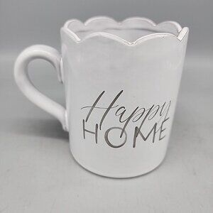 Mud Pie 2022 Coffee Tea Mug Cup Happy Home Scallop Top White Gray Handle